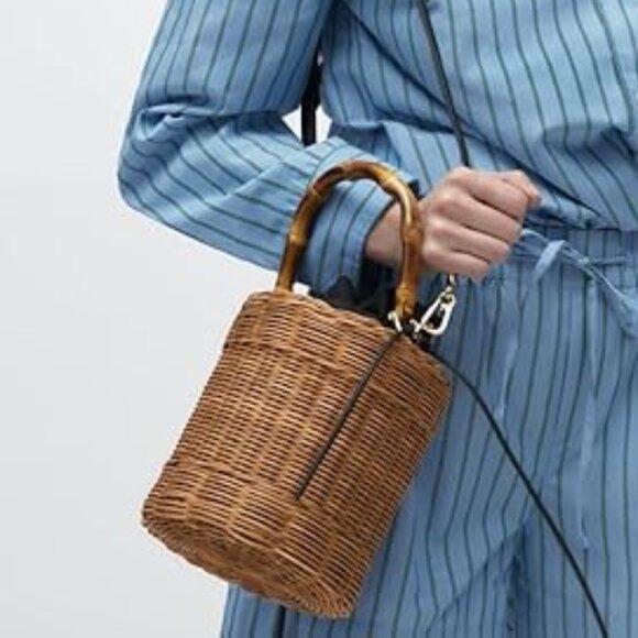 Neiman Marcus Rattan Straw Beach Bucket Bag - Picture 2 of 4